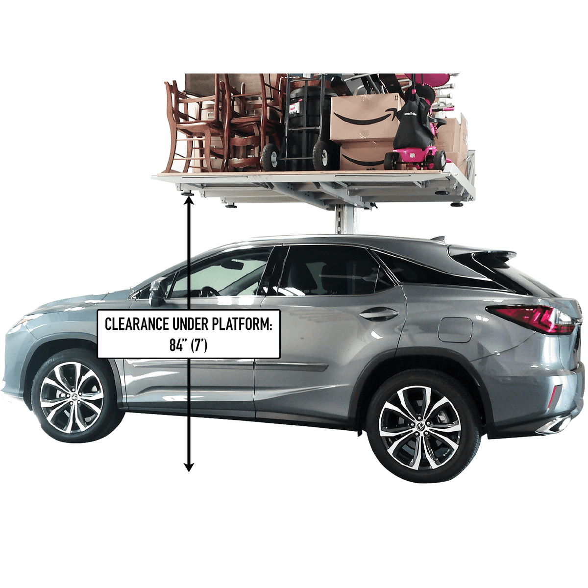 Powerline garage storage lift with storage overhead and a vehicle parked underneath