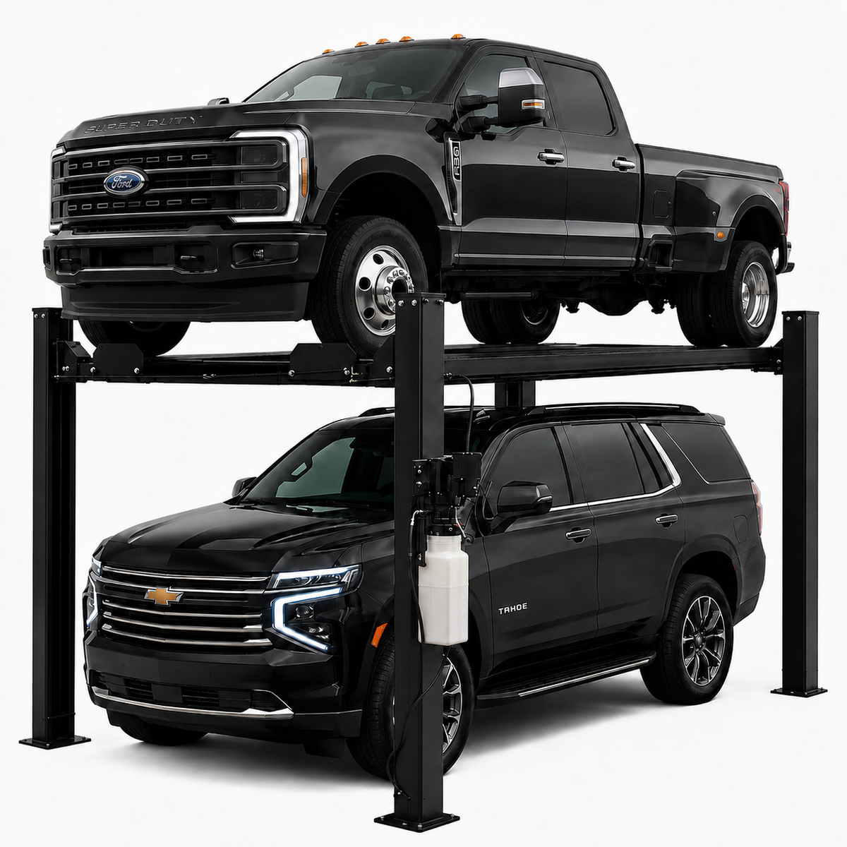 A two-car garage lift system shown in a studio setting, with a black Ford pickup truck parked on the upper level and a black Chevrolet SUV parked on the lower level. The lift structure is black steel with white hydraulic fluid reservoirs visible on the front posts, photographed against a clean white background.