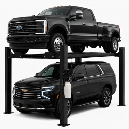 A two-car garage lift system shown in a studio setting, with a black Ford pickup truck parked on the upper level and a black Chevrolet SUV parked on the lower level. The lift structure is black steel with white hydraulic fluid reservoirs visible on the front posts, photographed against a clean white background.