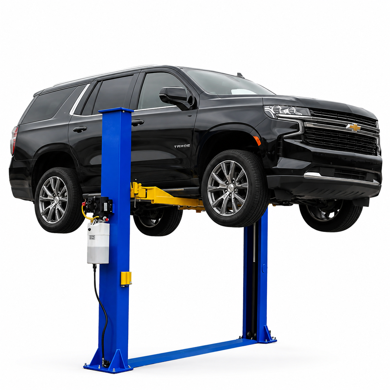 Black SUV on a blue car lift against a white background