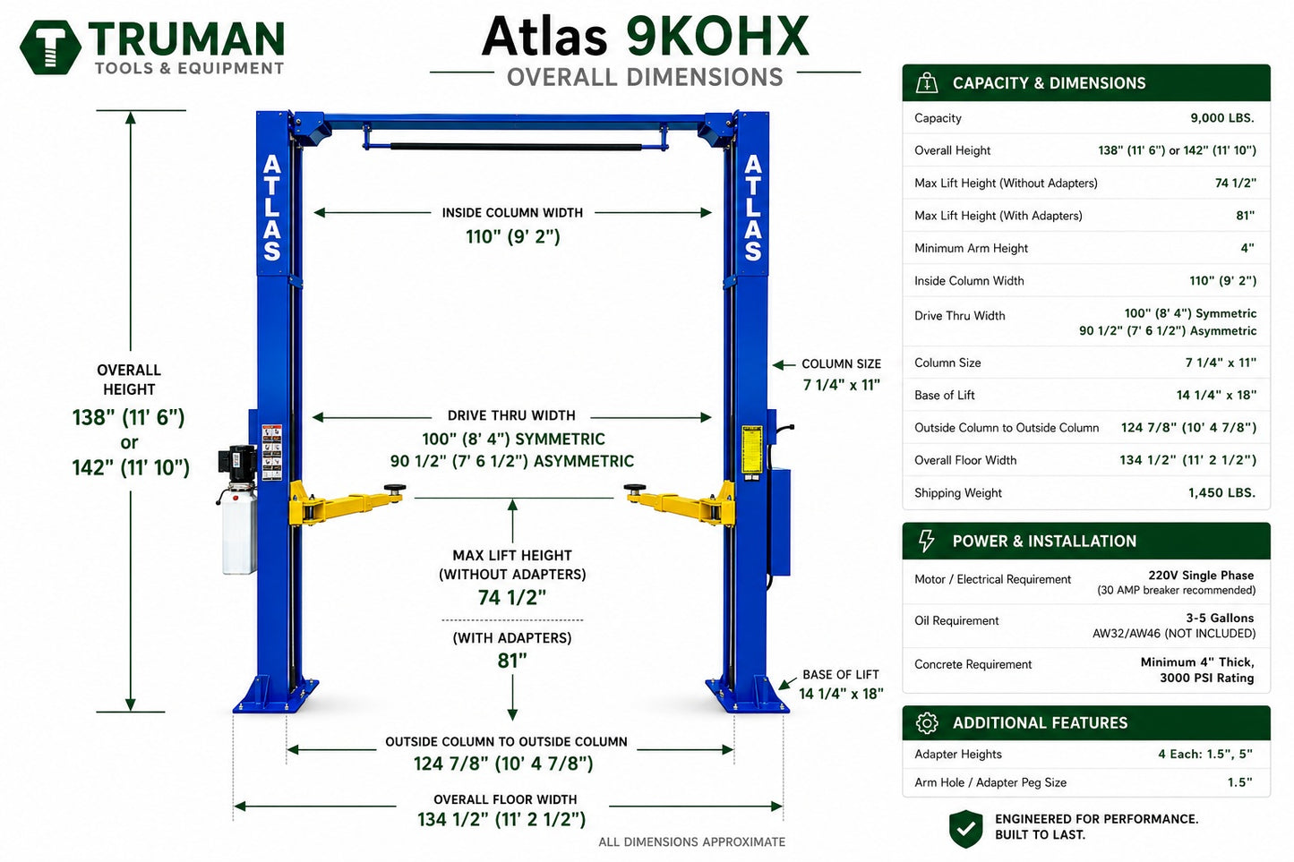 Atlas 9KOHX 9,000 lb Overhead 2-Post Lift