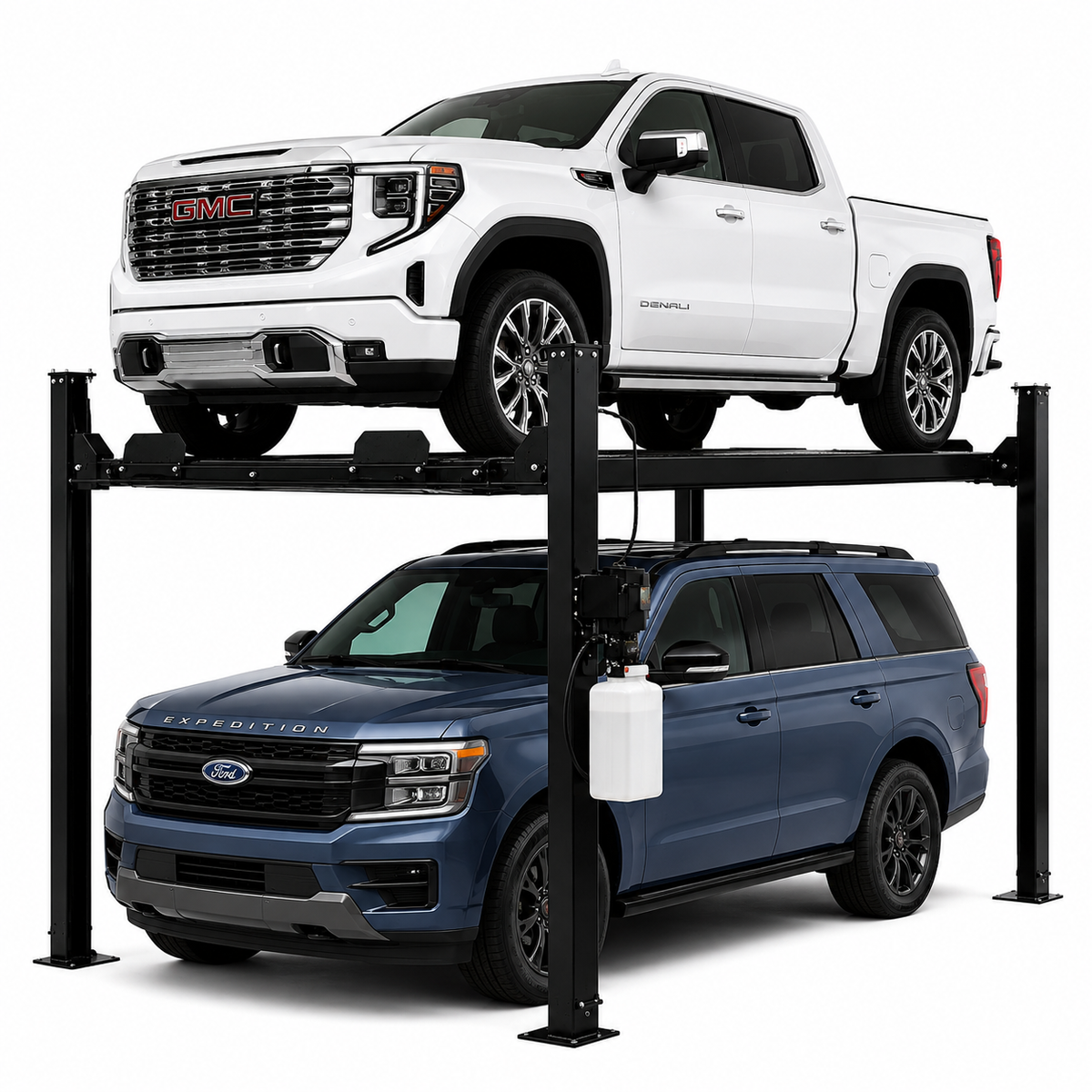 A two-car, four-post vertical garage lift system shown with a white GMC truck parked on the top level and a blue Ford Expedition SUV parked on the bottom level against a clean white background.