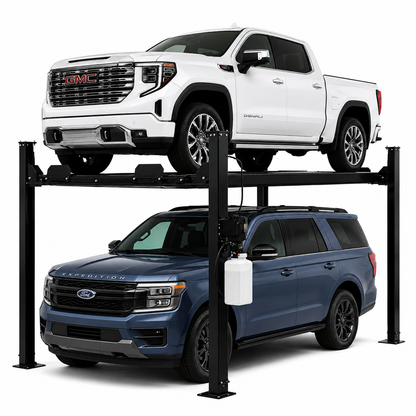A two-car, four-post vertical garage lift system shown with a white GMC truck parked on the top level and a blue Ford Expedition SUV parked on the bottom level against a clean white background.