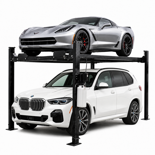 A black two-car garage lift holding a silver Corvette on the top level and a white BMW X5 on the bottom level, shown against a plain white studio background.