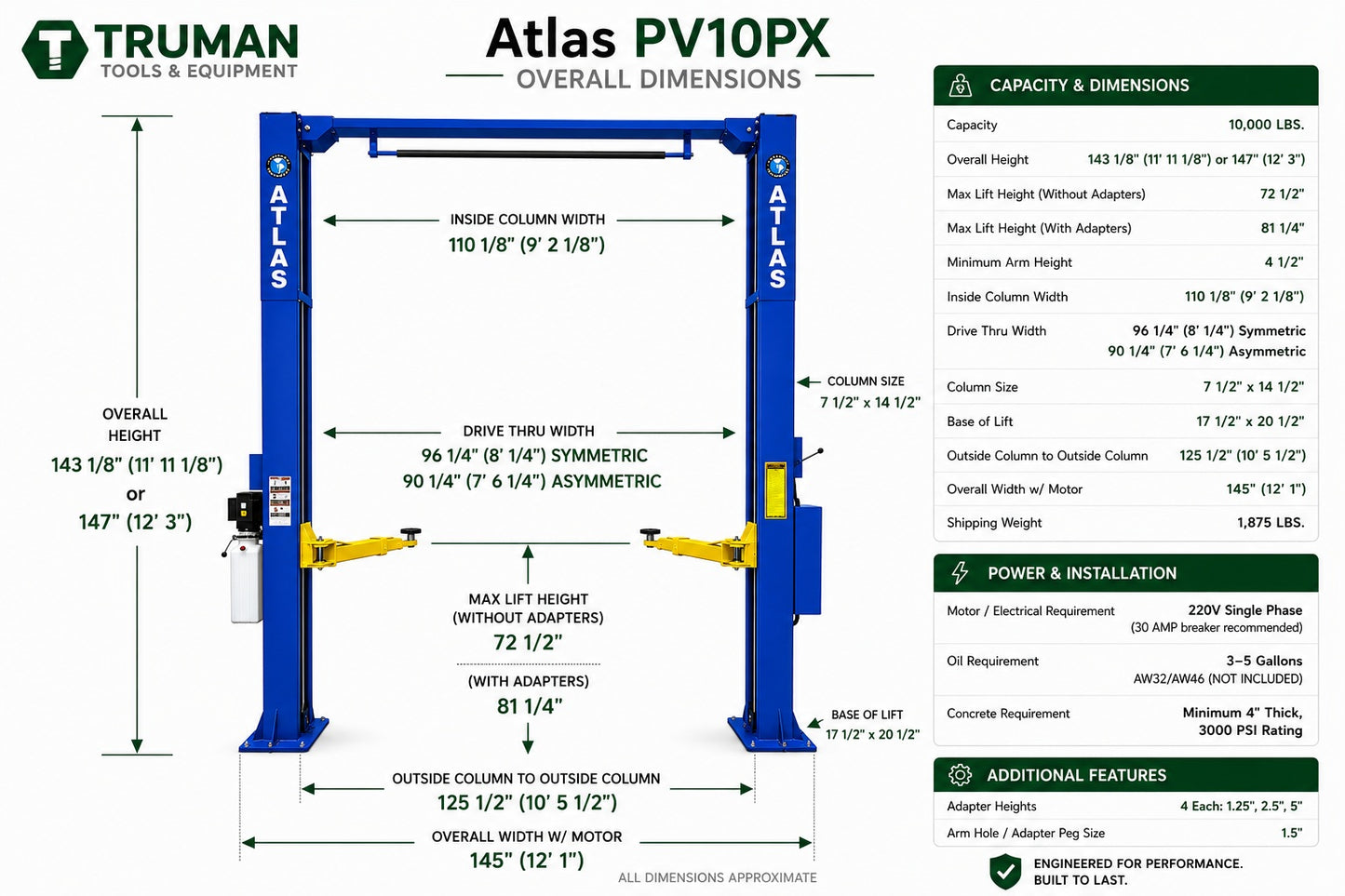 Atlas PV10PX 10,000 lb Overhead 2-Post Lift
