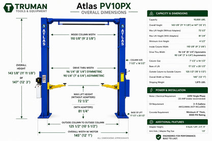 Atlas PV10PX 10,000 lb Overhead 2-Post Lift