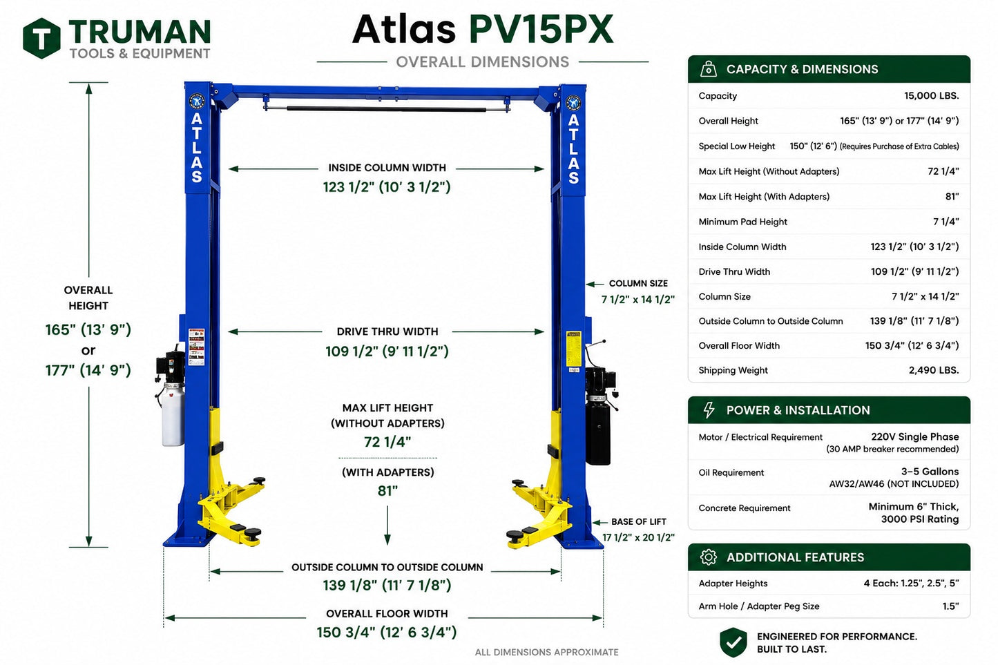 Atlas PV15PX 15,000 lb Overhead 2-Post Lift