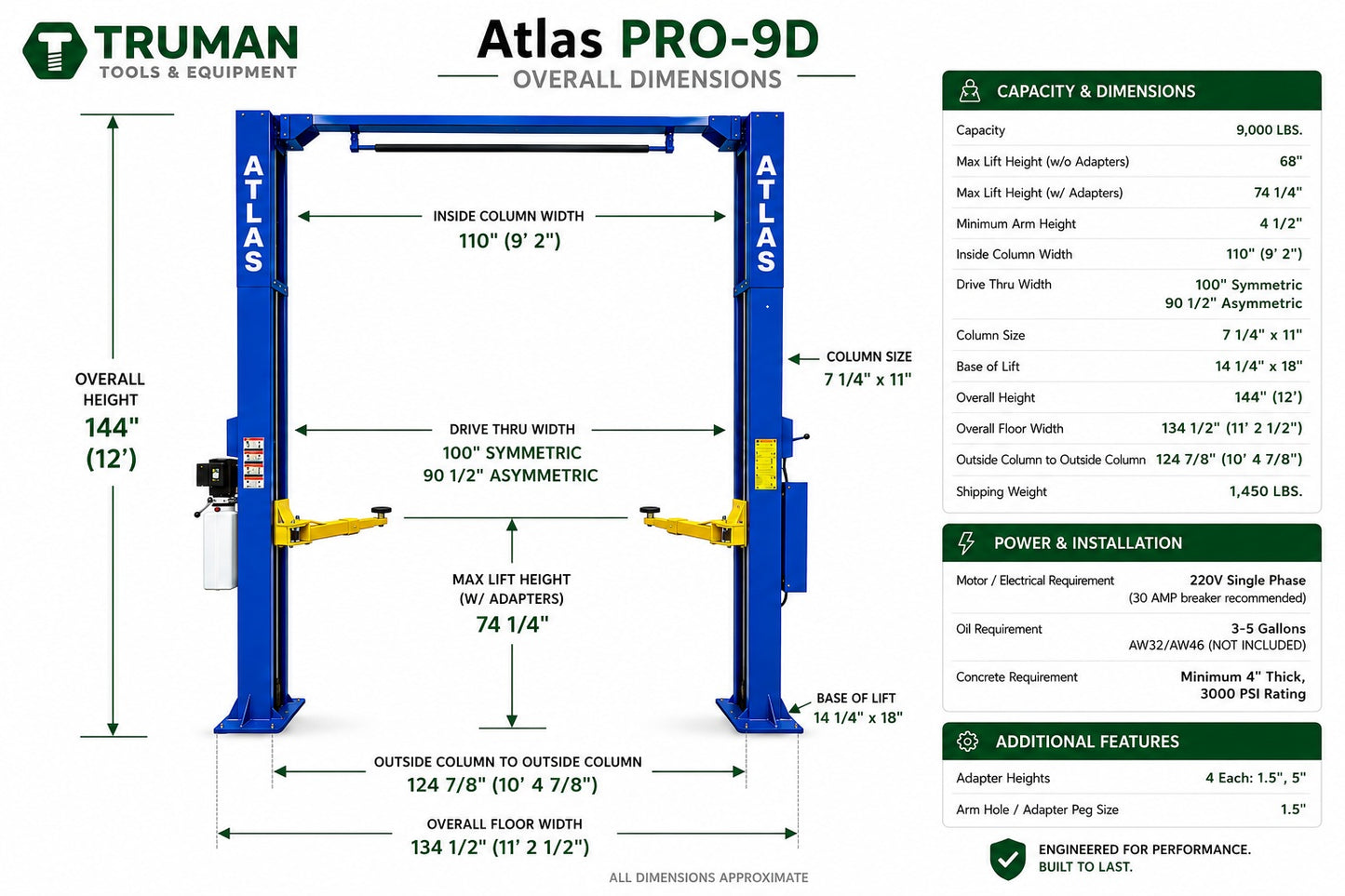 Atlas PRO-9D 9,000 lb Overhead 2-Post Lift