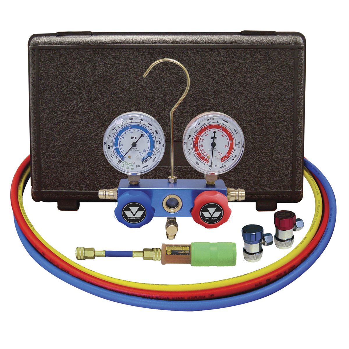 Mastercool Automotive R134a 2-Way Manifold Gauge Set with Mini Dye Injector and Manual Couplers