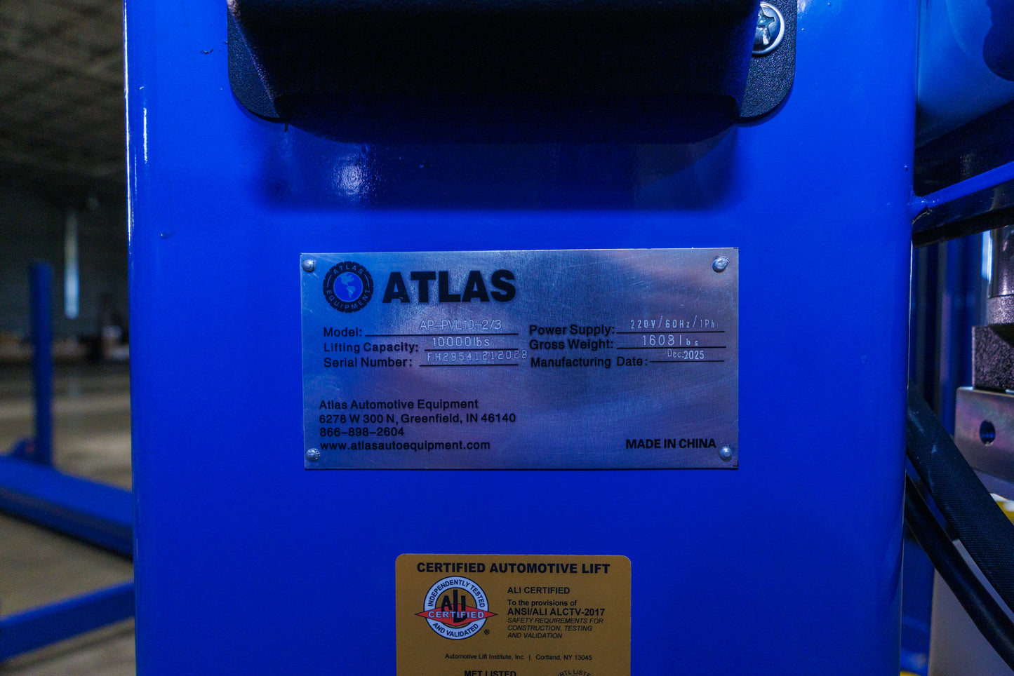 Atlas PVL10 ALI Certified 10,000 lb Overhead Lift